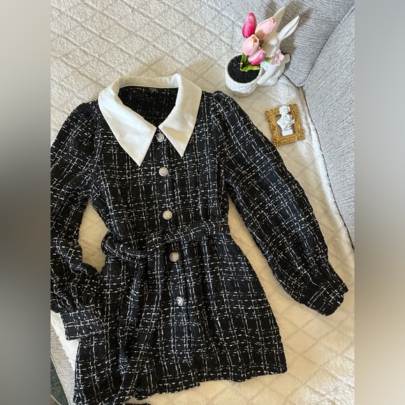 SHEIN Unity Tweed Contrast Collar Belted Coat - Picture 12 of 12